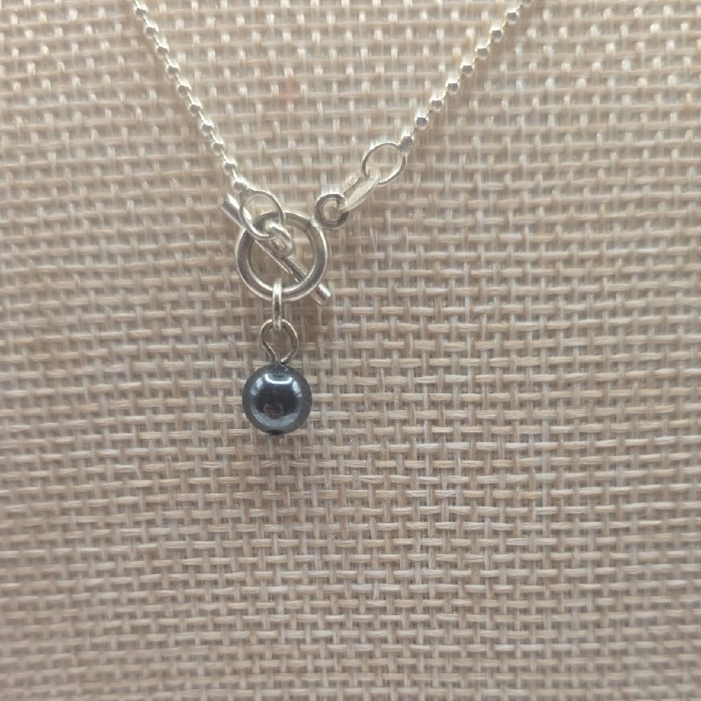 Ball Chain Silver Necklace with Black Pearl Pendant